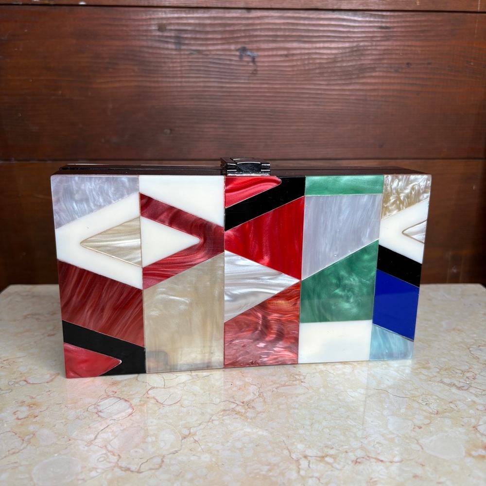 Zara Woman Acrylic Multicolored Geometric Hard Side Clutch with Shoulder Strap